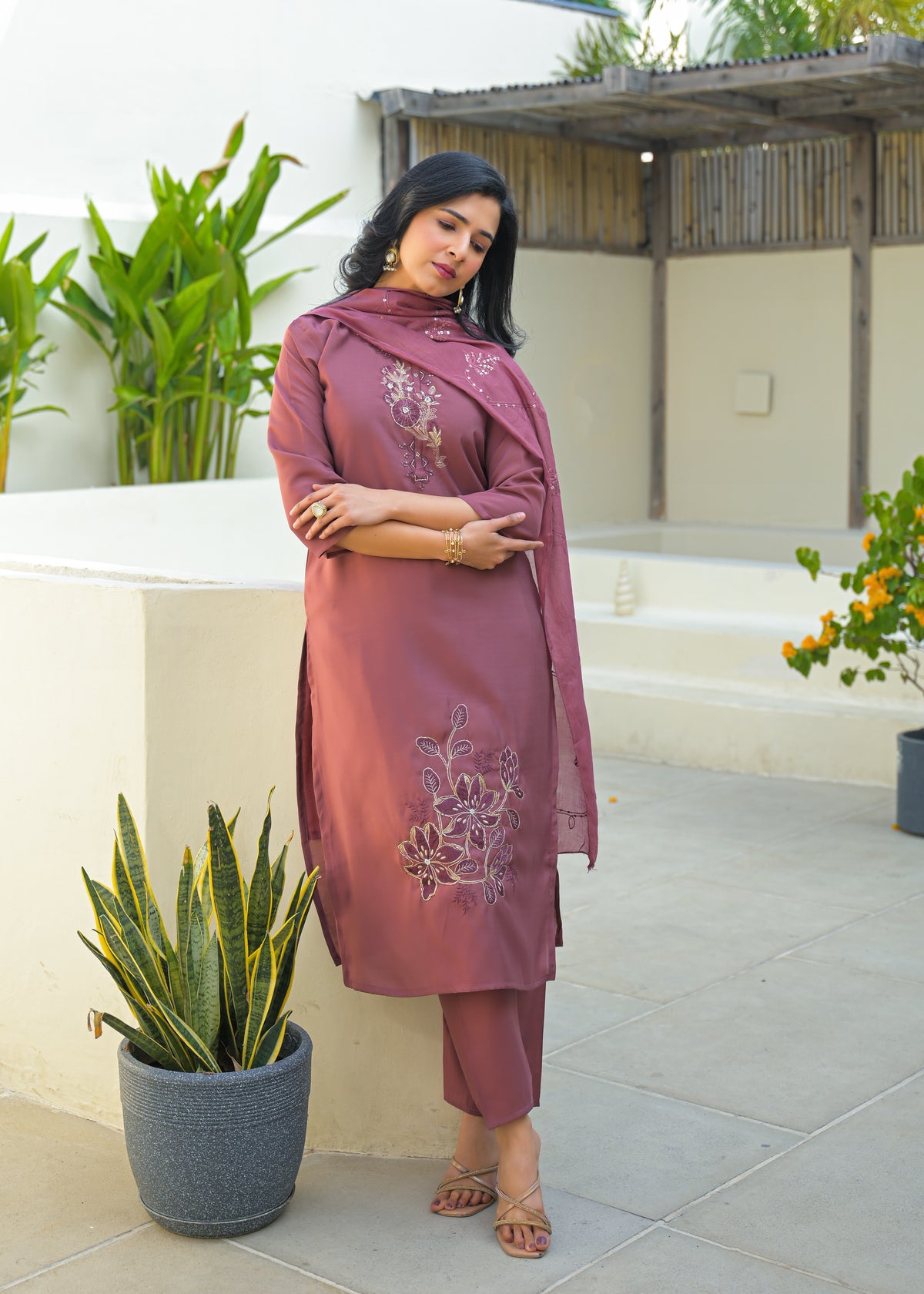 Turkish Rose Embroidered Roman Silk Kurta and Pant Set with Dupatta