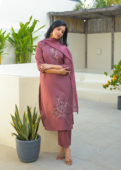 Turkish Rose Embroidered Roman Silk Kurta and Pant Set with Dupatta