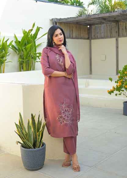 Turkish Rose Embroidered Roman Silk Kurta and Pant Set with Dupatta