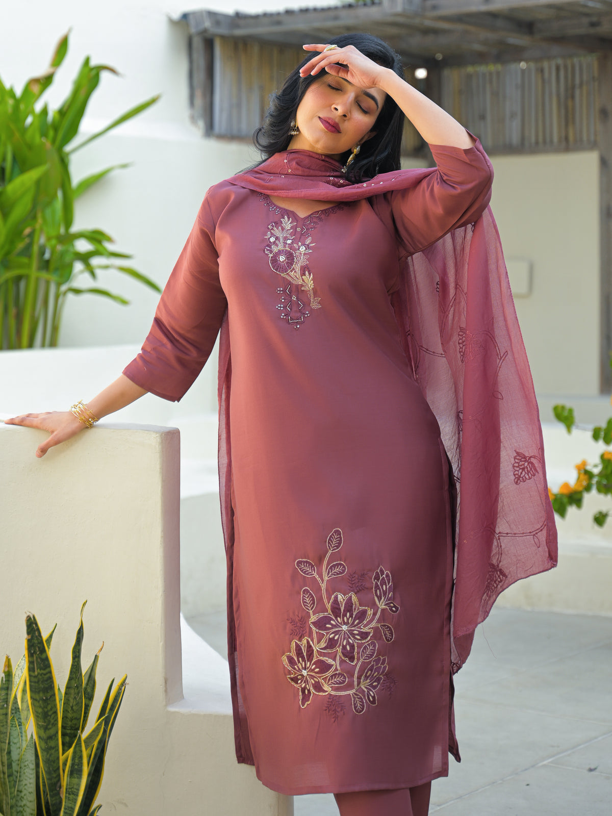 Turkish Rose Embroidered Roman Silk Kurta and Pant Set with Dupatta