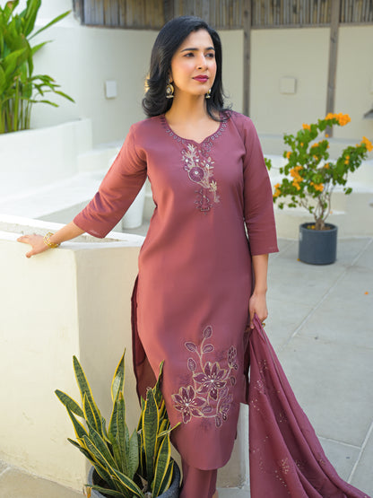 Turkish Rose Embroidered Roman Silk Kurta and Pant Set with Dupatta