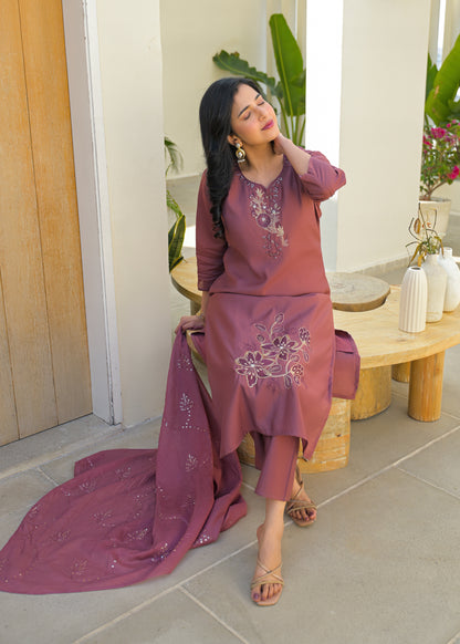 Turkish Rose Embroidered Roman Silk Kurta and Pant Set with Dupatta