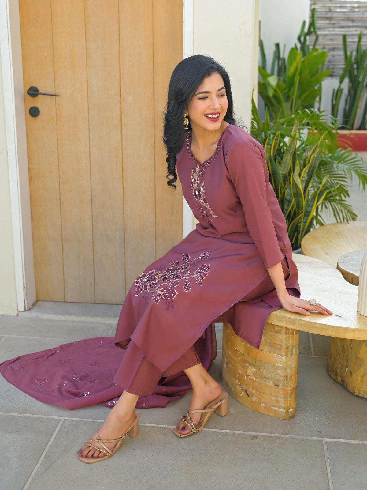 Turkish Rose Embroidered Roman Silk Kurta and Pant Set with Dupatta