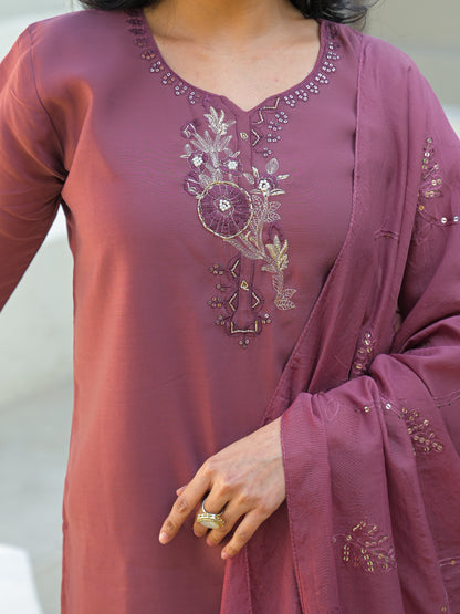 Turkish Rose Embroidered Roman Silk Kurta and Pant Set with Dupatta