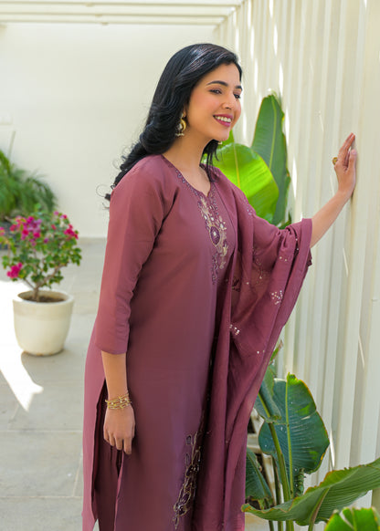 Turkish Rose Embroidered Roman Silk Kurta and Pant Set with Dupatta