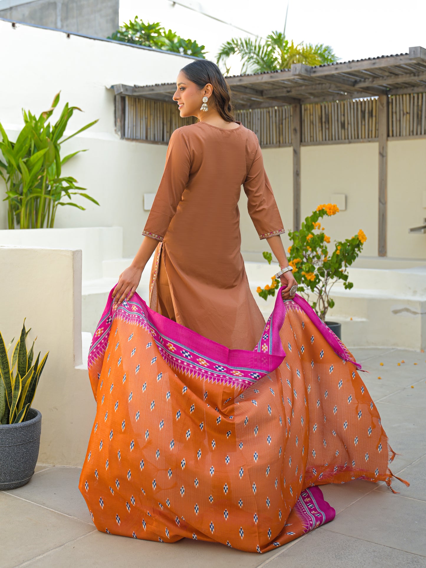 Pale Copper Embroidered Cotton Kurta and Pant Set with Dupatta