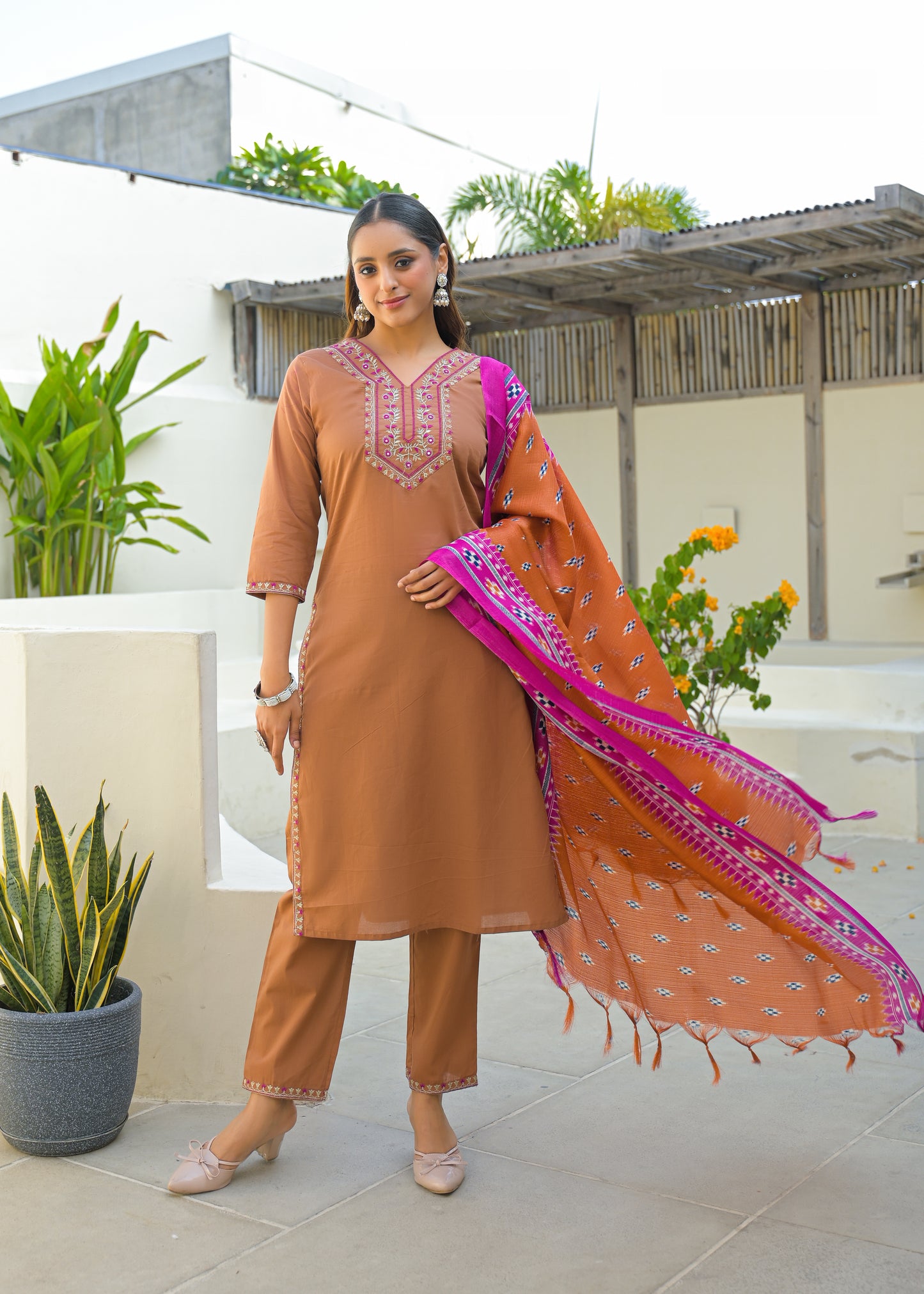 Pale Copper Embroidered Cotton Kurta and Pant Set with Dupatta