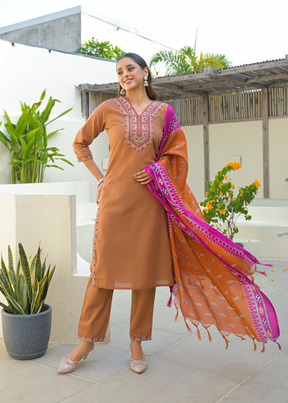 Pale Copper Embroidered Cotton Kurta and Pant Set with Dupatta
