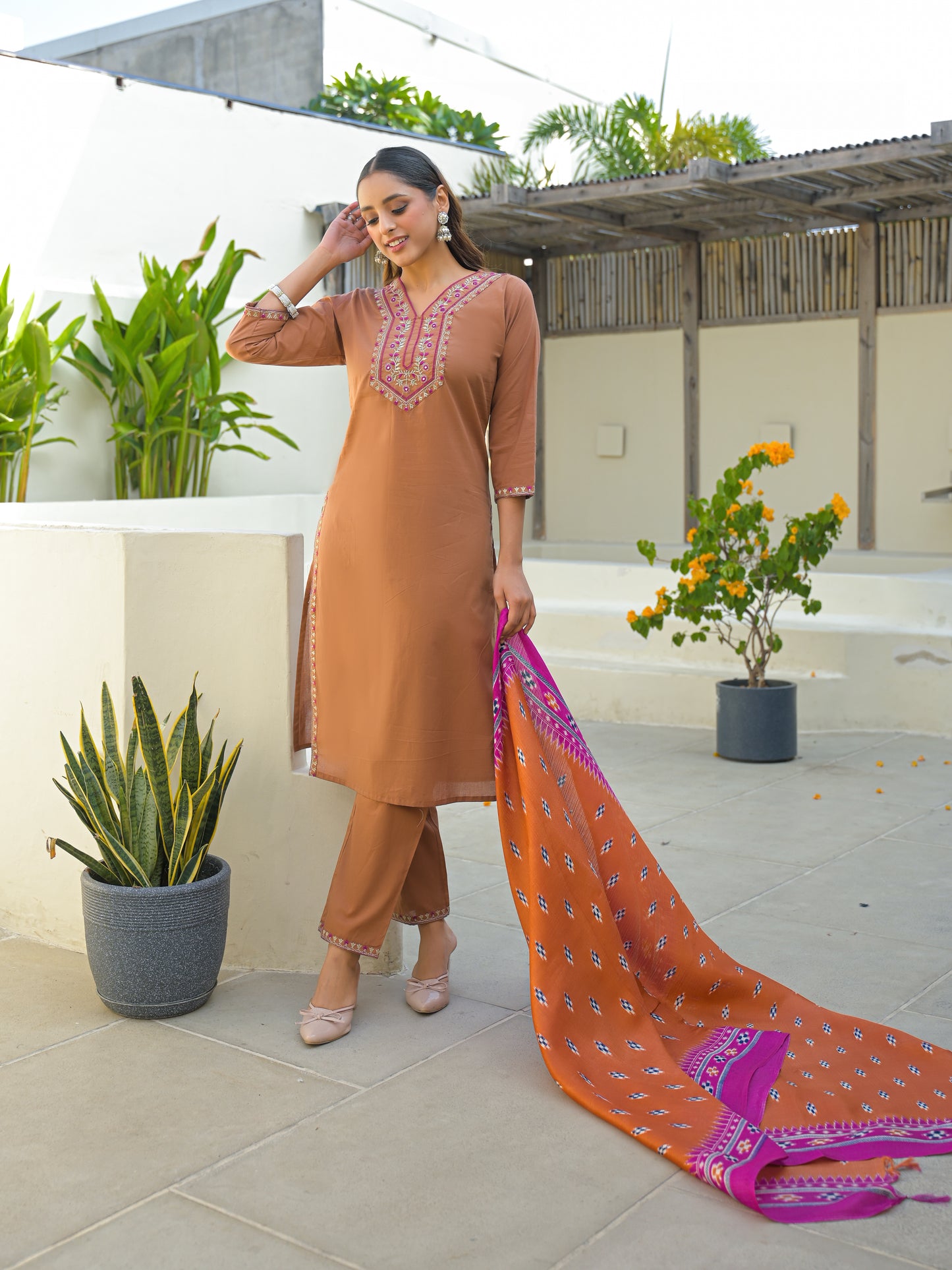 Pale Copper Embroidered Cotton Kurta and Pant Set with Dupatta