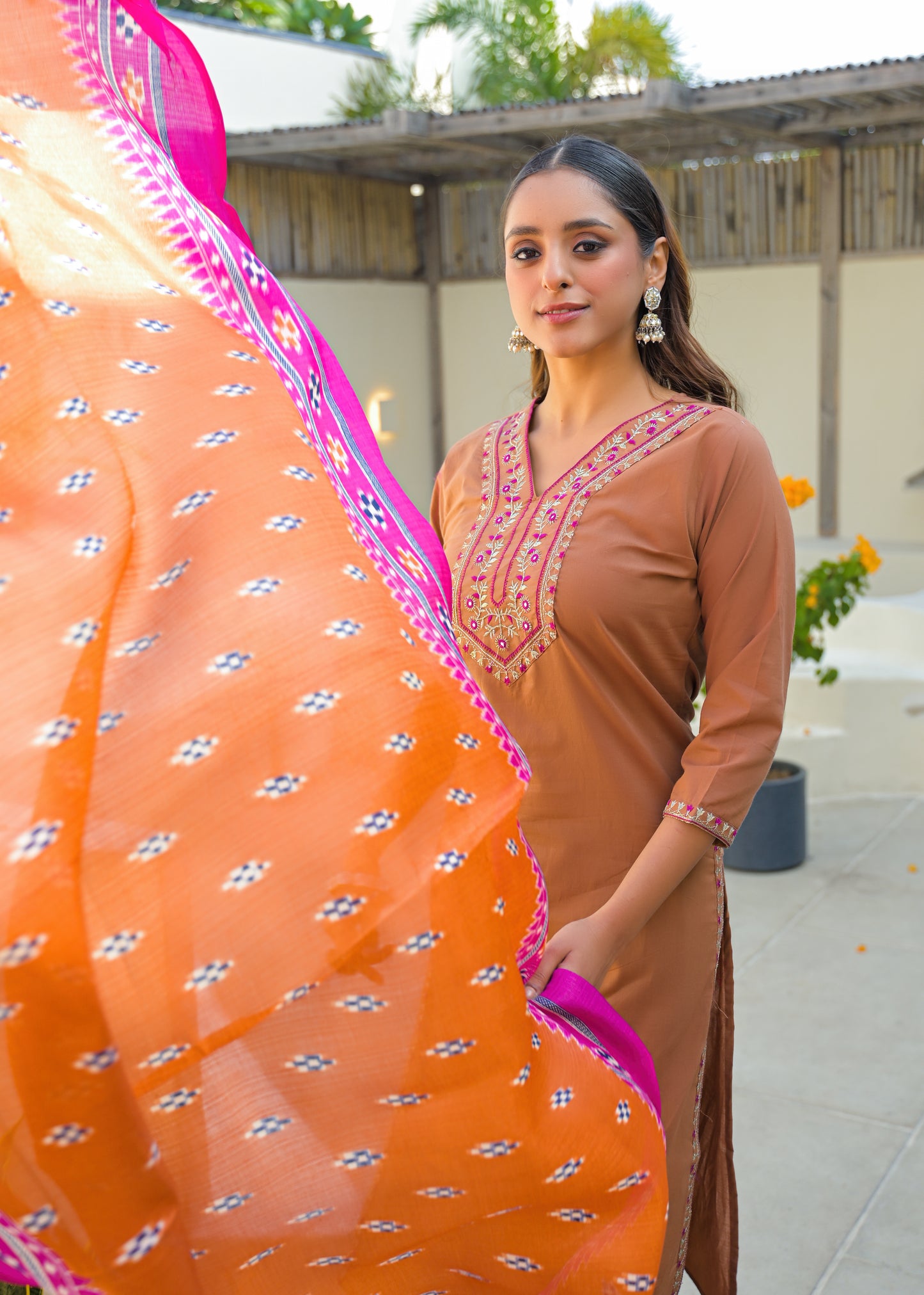 Pale Copper Embroidered Cotton Kurta and Pant Set with Dupatta