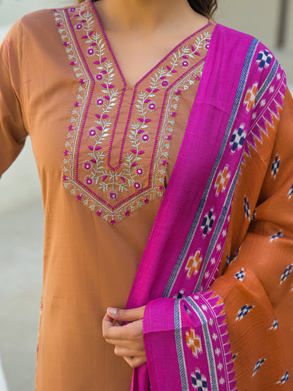 Pale Copper Embroidered Cotton Kurta and Pant Set with Dupatta