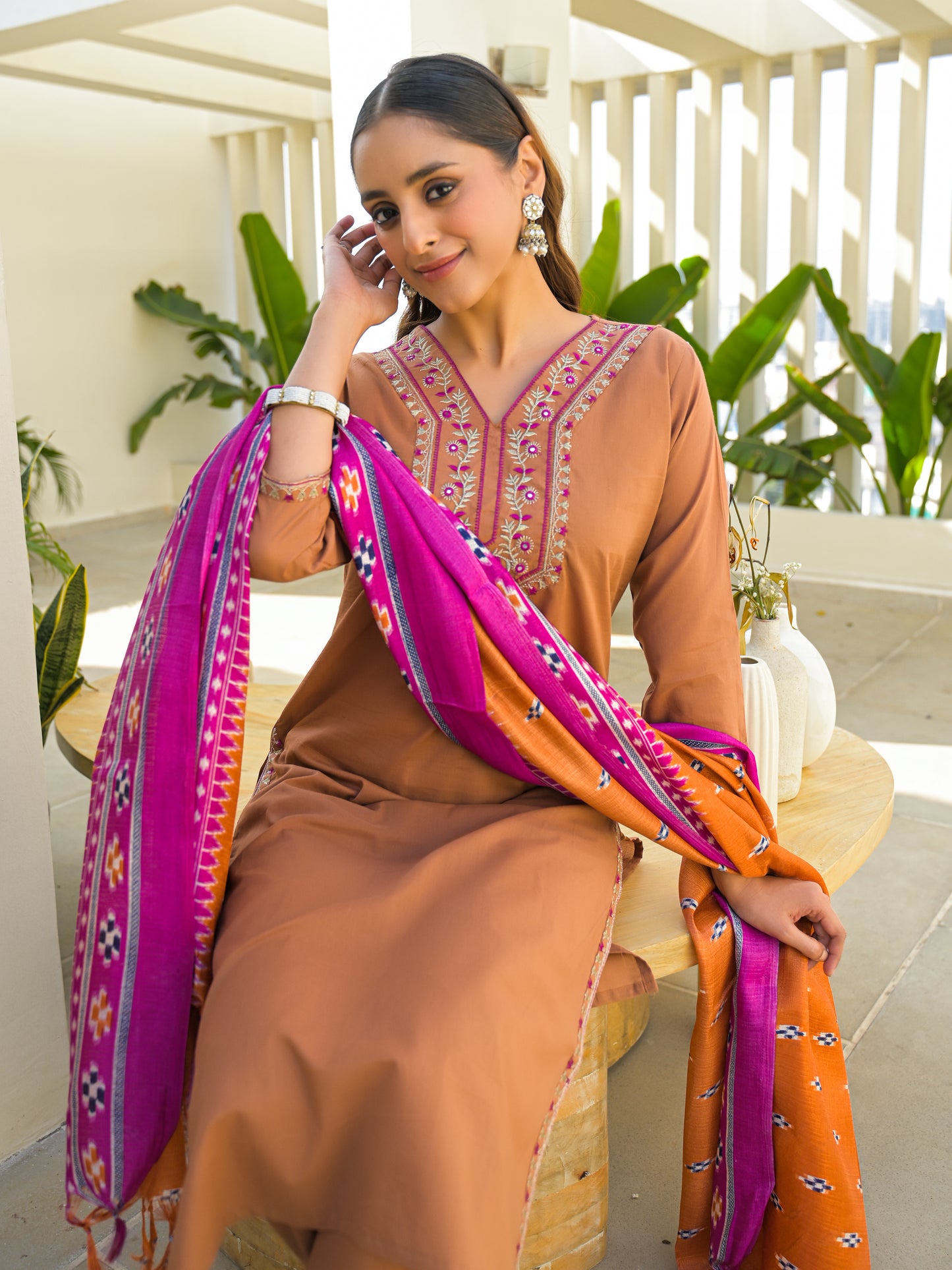 Pale Copper Embroidered Cotton Kurta and Pant Set with Dupatta