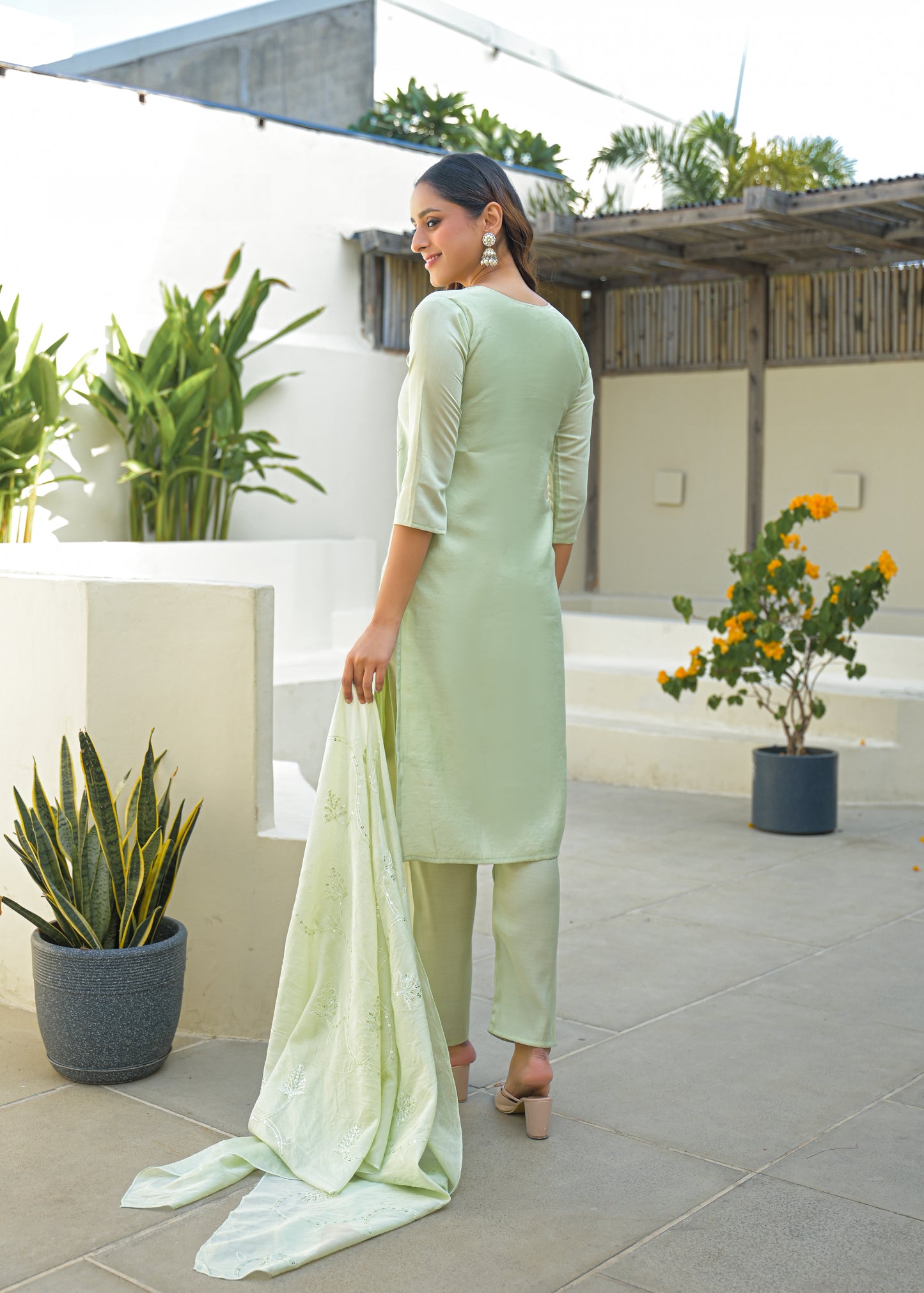 Pale Leaf Embroidered Roman Silk Kurta and Pant Set with Dupatta