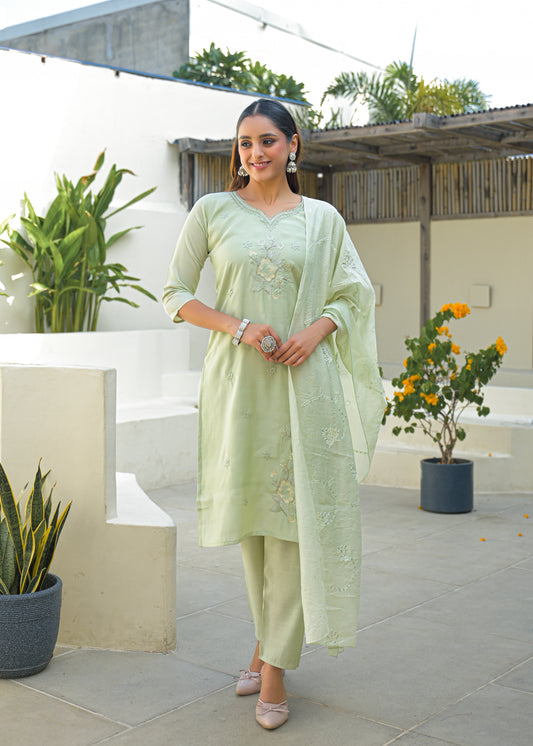 Pale Leaf Embroidered Roman Silk Kurta and Pant Set with Dupatta