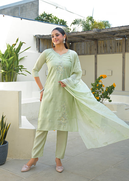 Pale Leaf Embroidered Roman Silk Kurta and Pant Set with Dupatta