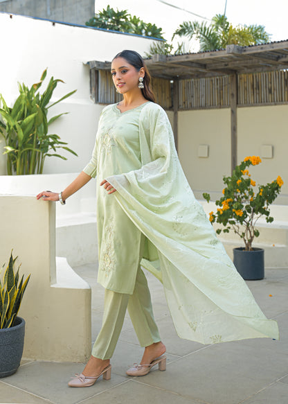 Pale Leaf Embroidered Roman Silk Kurta and Pant Set with Dupatta
