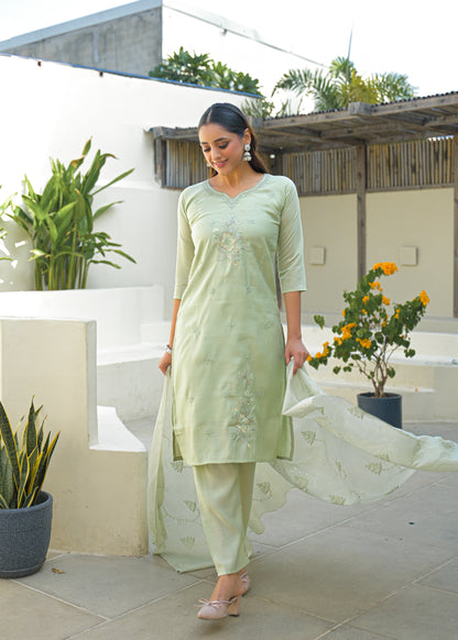 Pale Leaf Embroidered Roman Silk Kurta and Pant Set with Dupatta