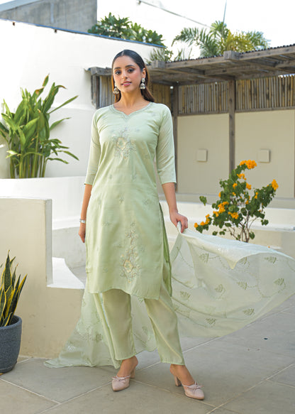 Pale Leaf Embroidered Roman Silk Kurta and Pant Set with Dupatta