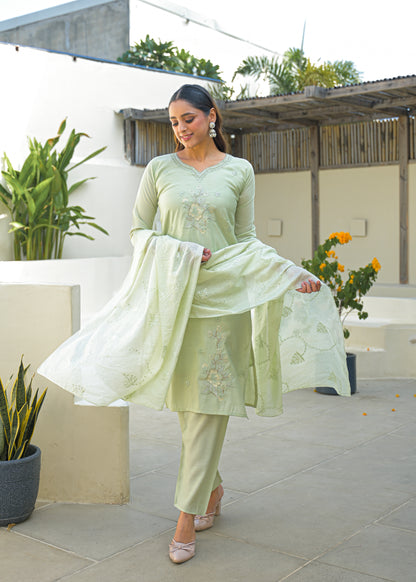 Pale Leaf Embroidered Roman Silk Kurta and Pant Set with Dupatta