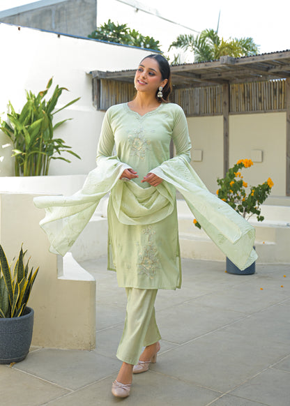 Pale Leaf Embroidered Roman Silk Kurta and Pant Set with Dupatta