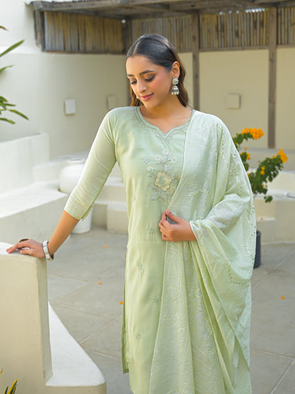 Pale Leaf Embroidered Roman Silk Kurta and Pant Set with Dupatta