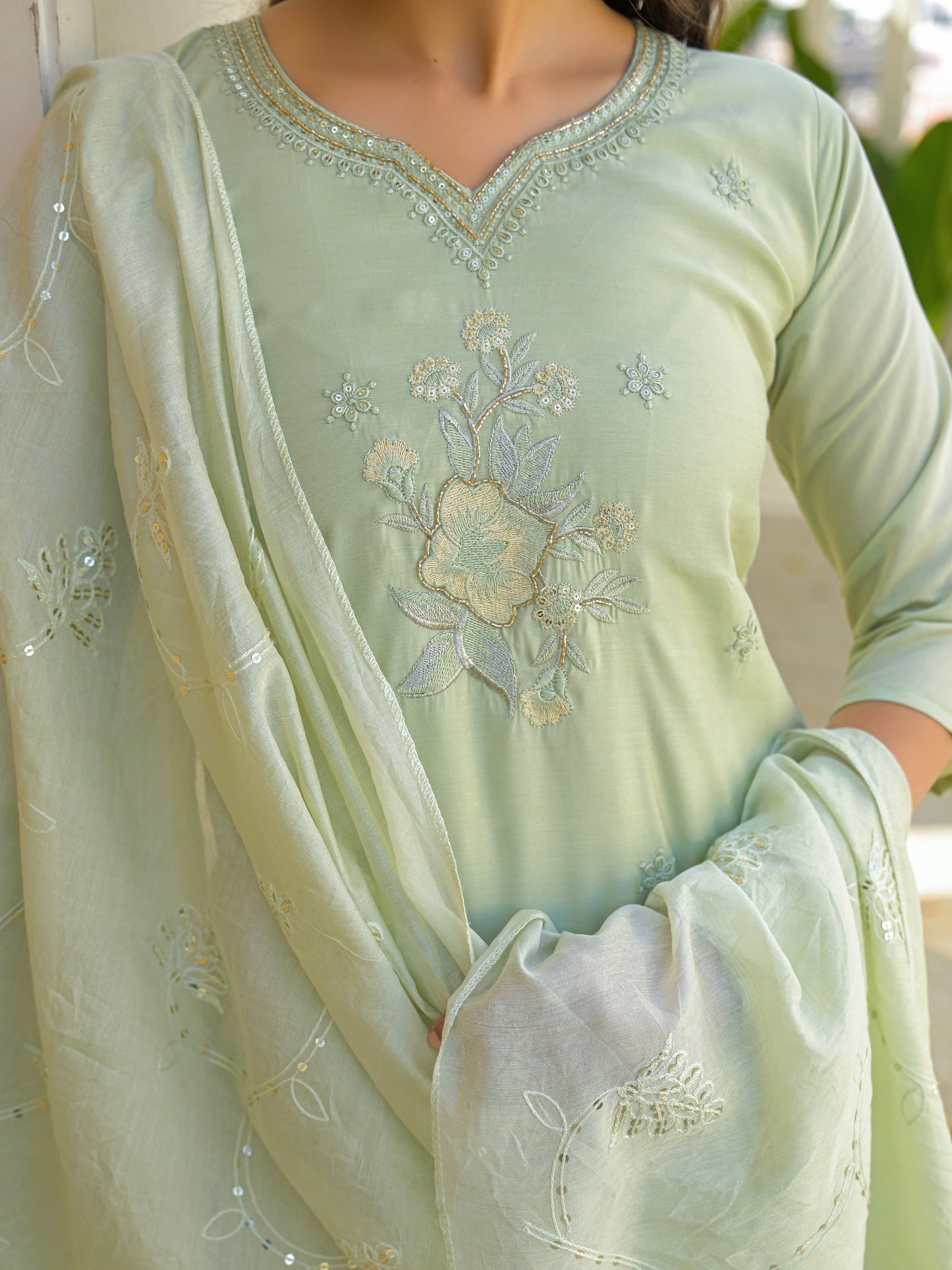 Pale Leaf Embroidered Roman Silk Kurta and Pant Set with Dupatta