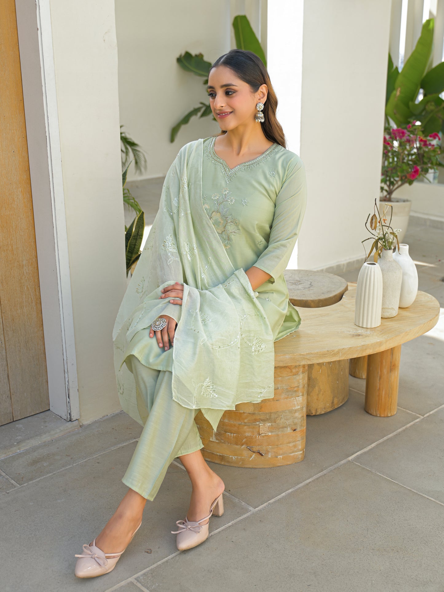 Pale Leaf Embroidered Roman Silk Kurta and Pant Set with Dupatta