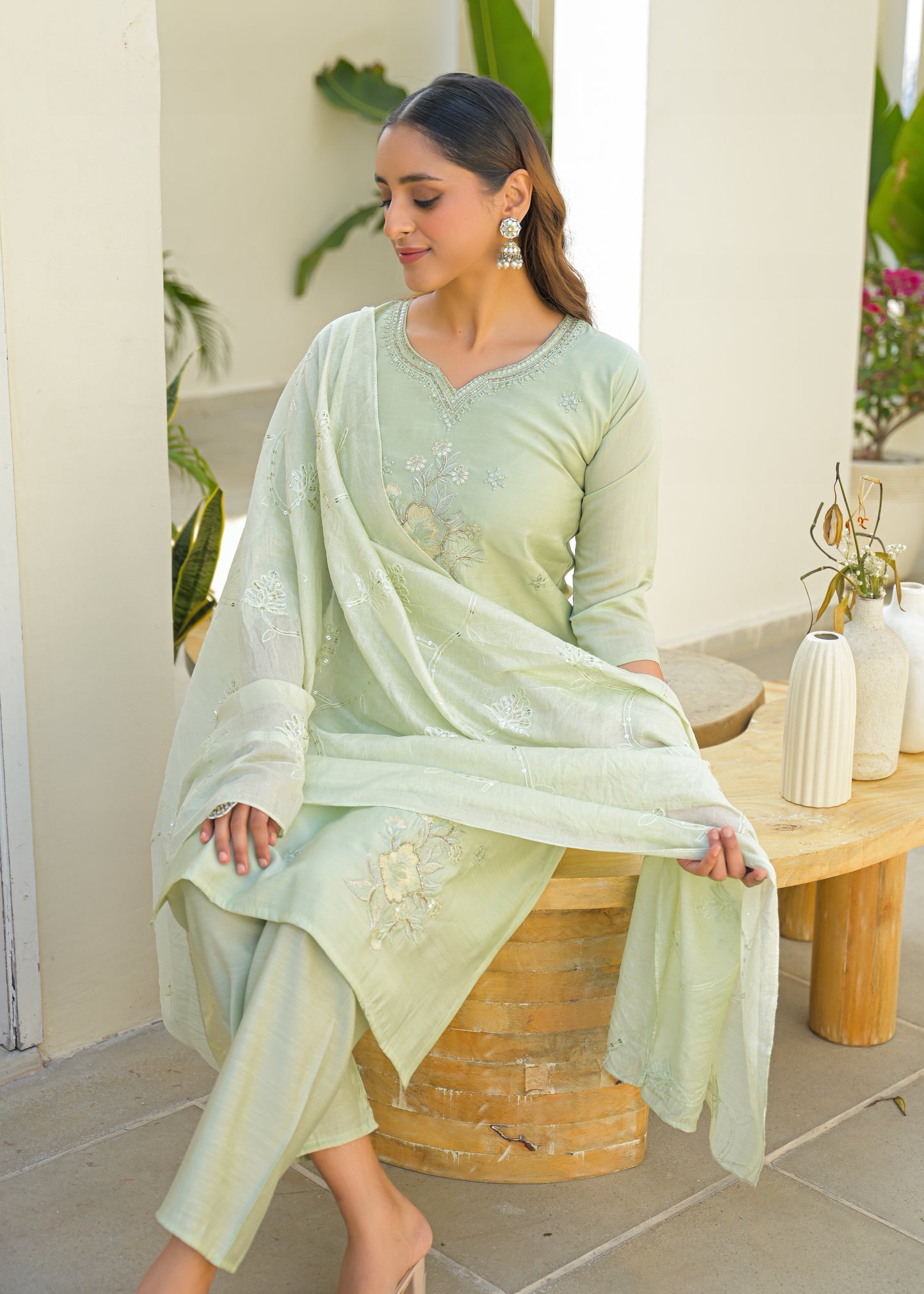 Pale Leaf Embroidered Roman Silk Kurta and Pant Set with Dupatta