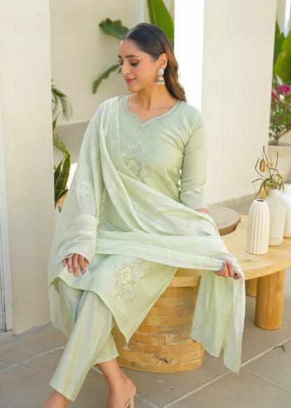 Pale Leaf Embroidered Roman Silk Kurta and Pant Set with Dupatta