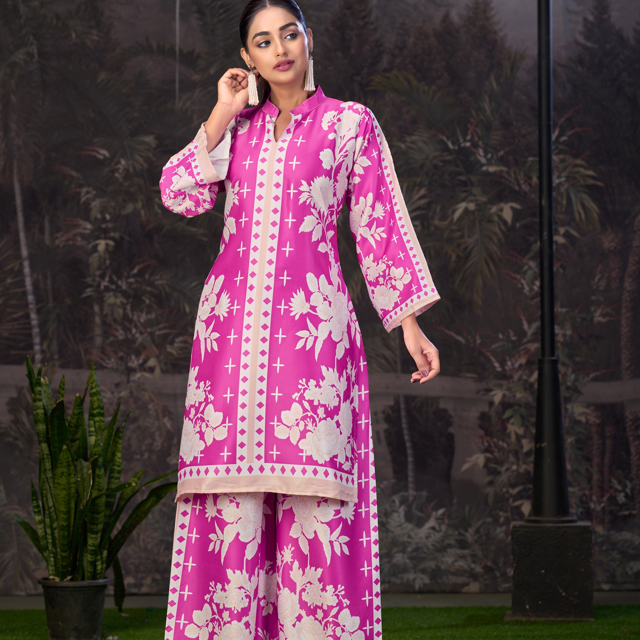 Pink White Printed Turkish Modal Satin Silk Co-Ord Set