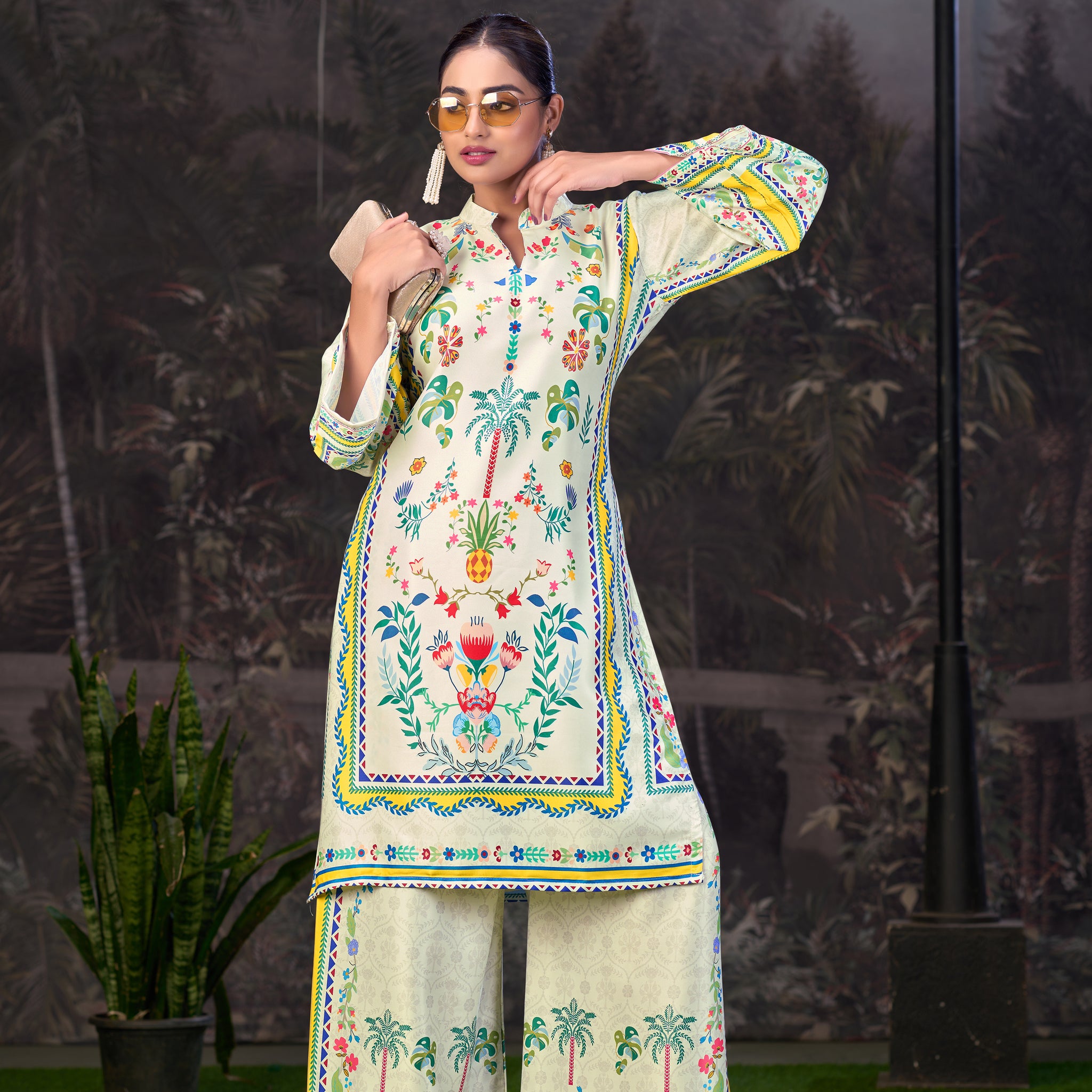 Off White Printed Turkish Modal Satin Silk Co-Ord Set