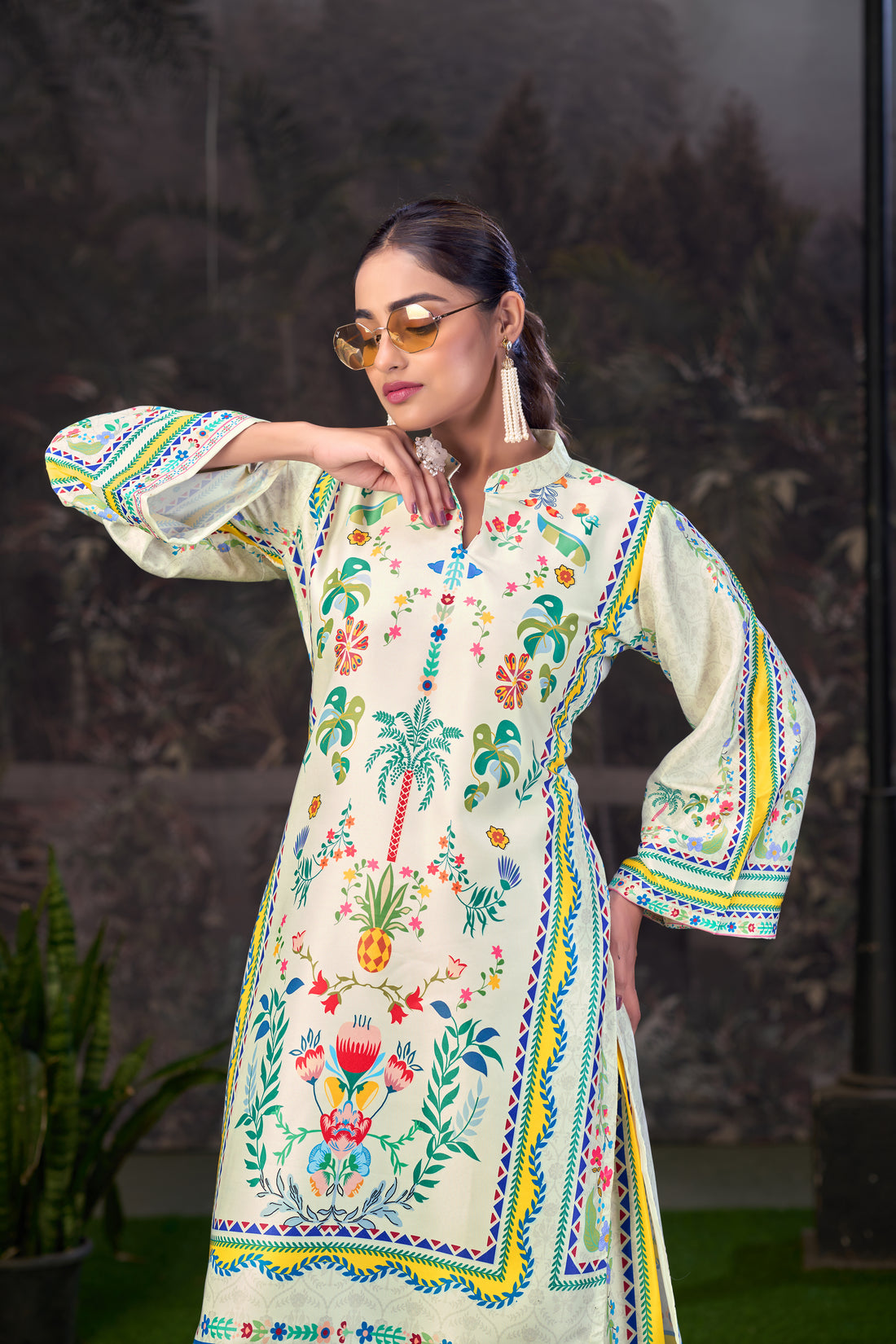 Off White Printed Turkish Modal Satin Silk Co-Ord Set