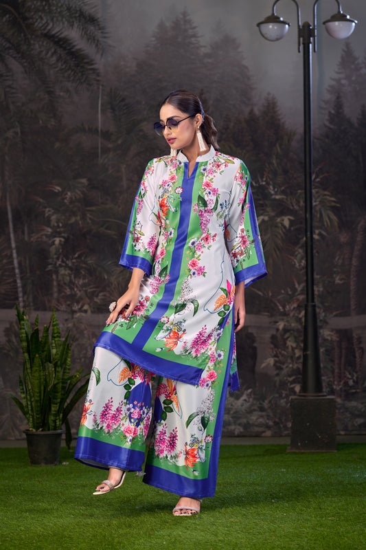 Blue Green Printed Turkish Modal Satin Silk Co-Ord Set