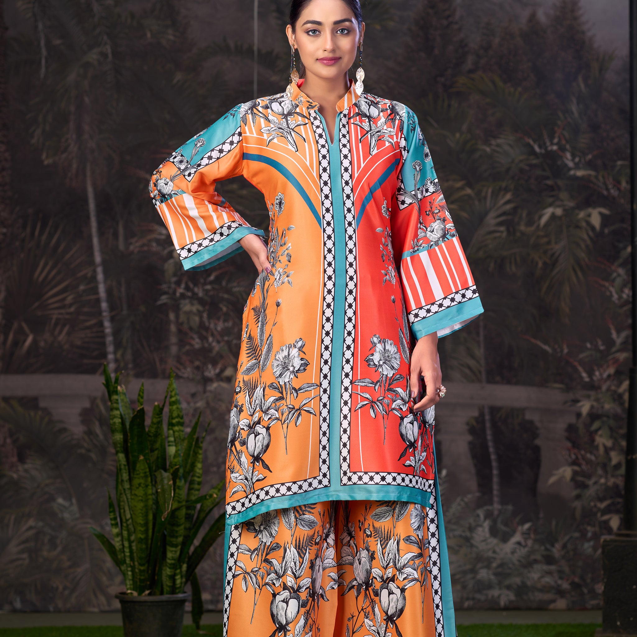 Yellow Orange Printed Turkish Modal Satin Silk Co-Ord Set