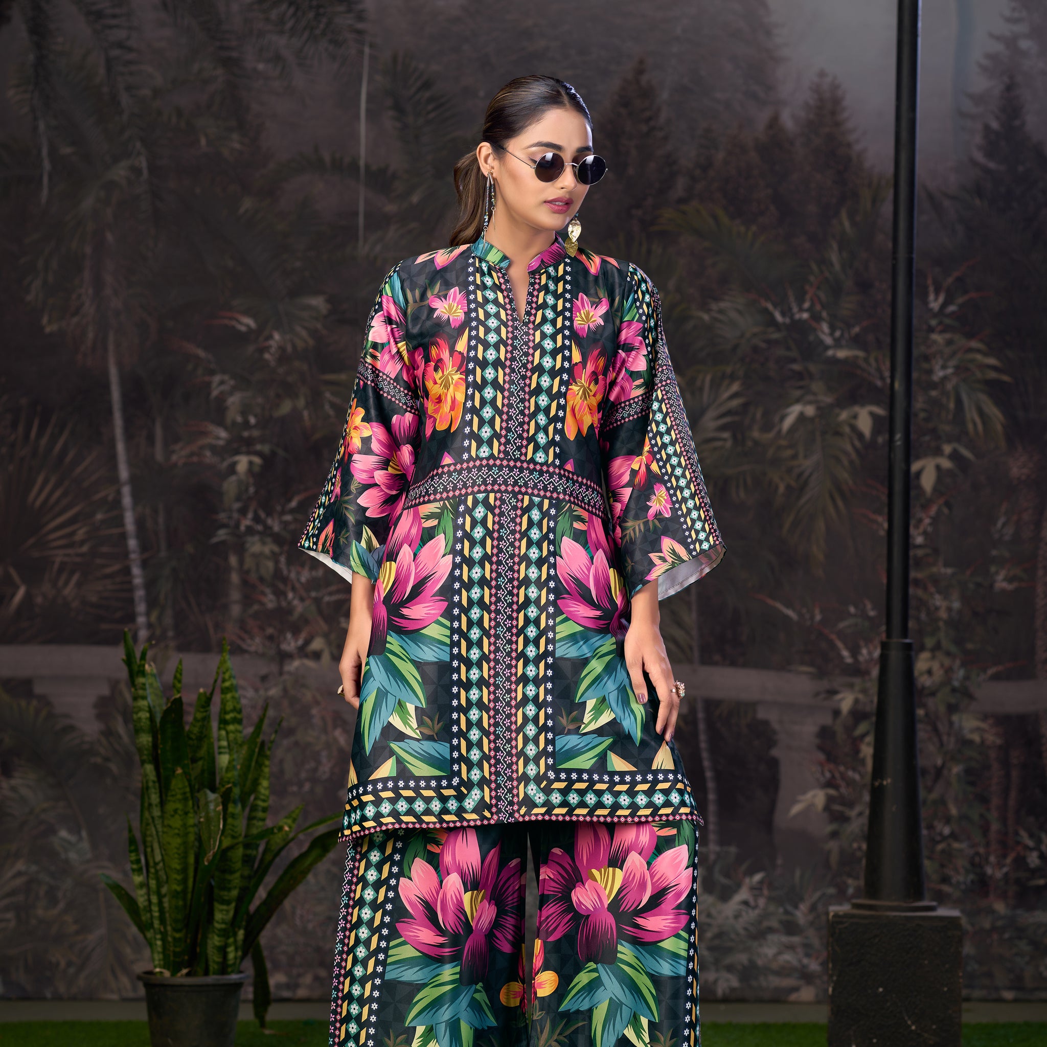 Black Pink Printed Turkish Modal Satin Silk Co-Ord Set