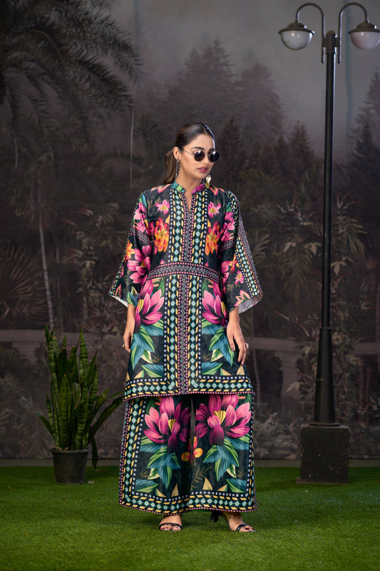 Black Pink Printed Turkish Modal Satin Silk Co-Ord Set