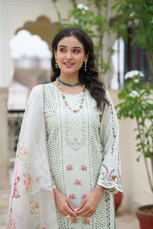 Seashell Embroidered Cotton Suit Set with Digital Printed Dupatta