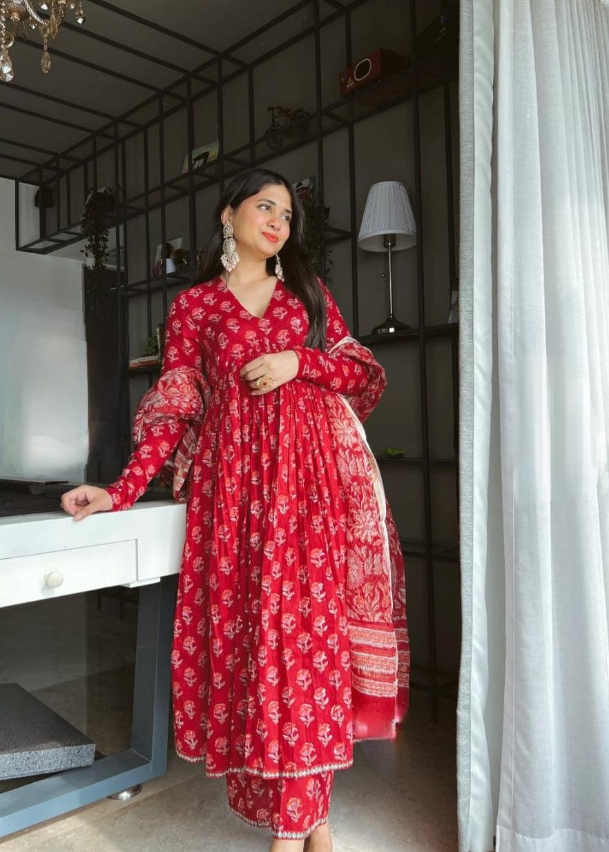 Red Flower Printed Cotton Suit Set