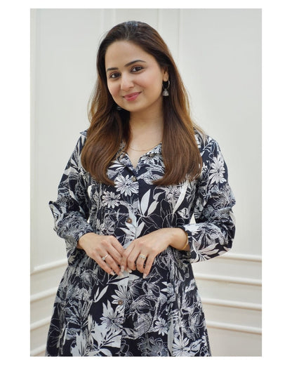 Black White Floral Printed Rayon Co-Ord Set