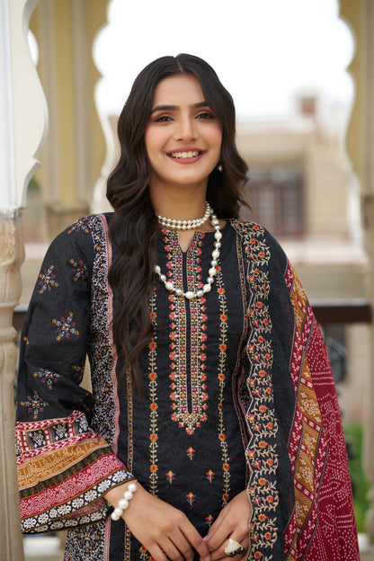 Black Embroidered Cotton Suit Set with Embroidered Cotton Dupatta
