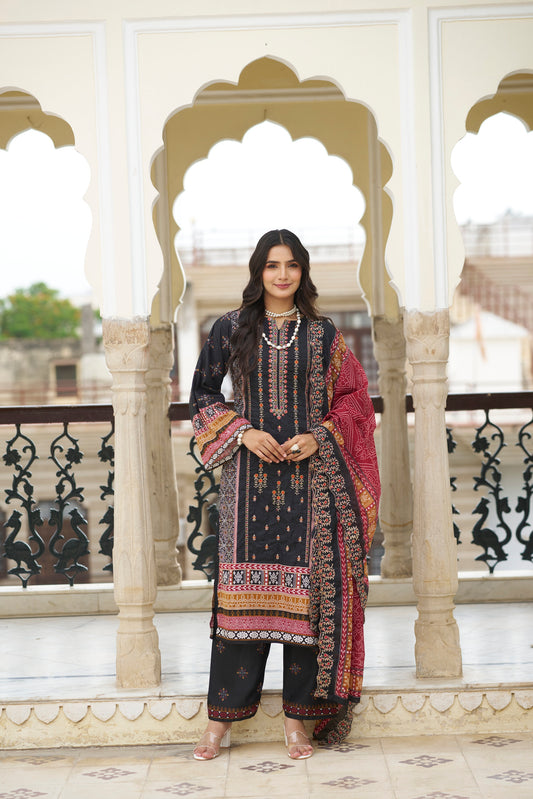 Black Embroidered Cotton Suit Set with Embroidered Cotton Dupatta