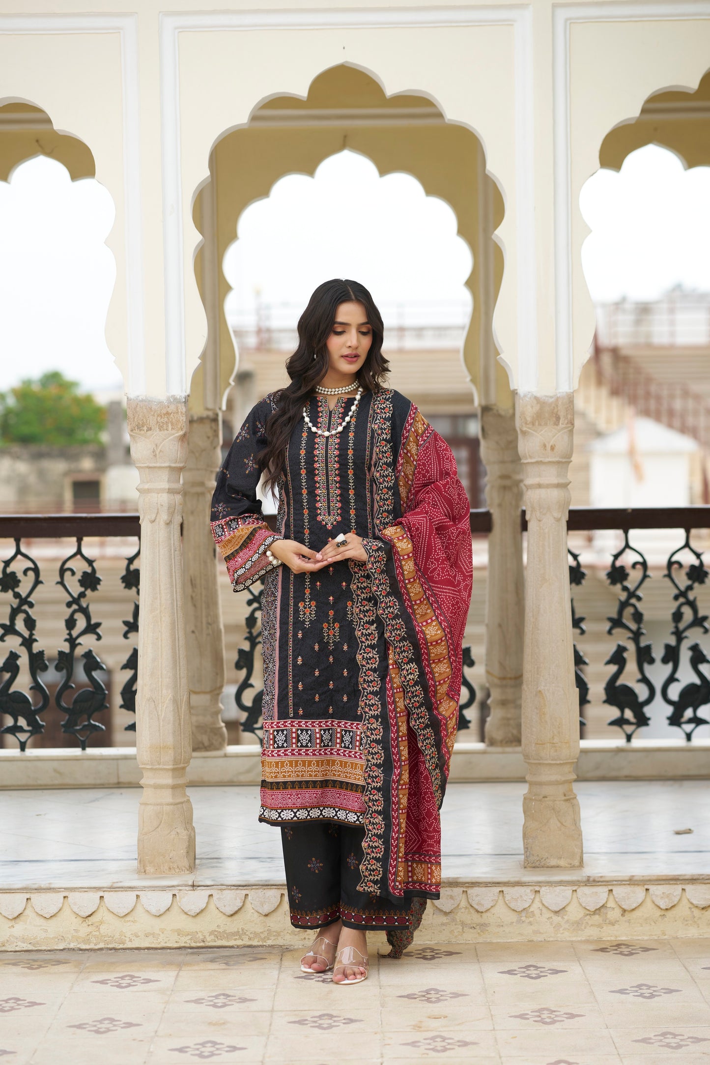 Black Embroidered Cotton Suit Set with Embroidered Cotton Dupatta