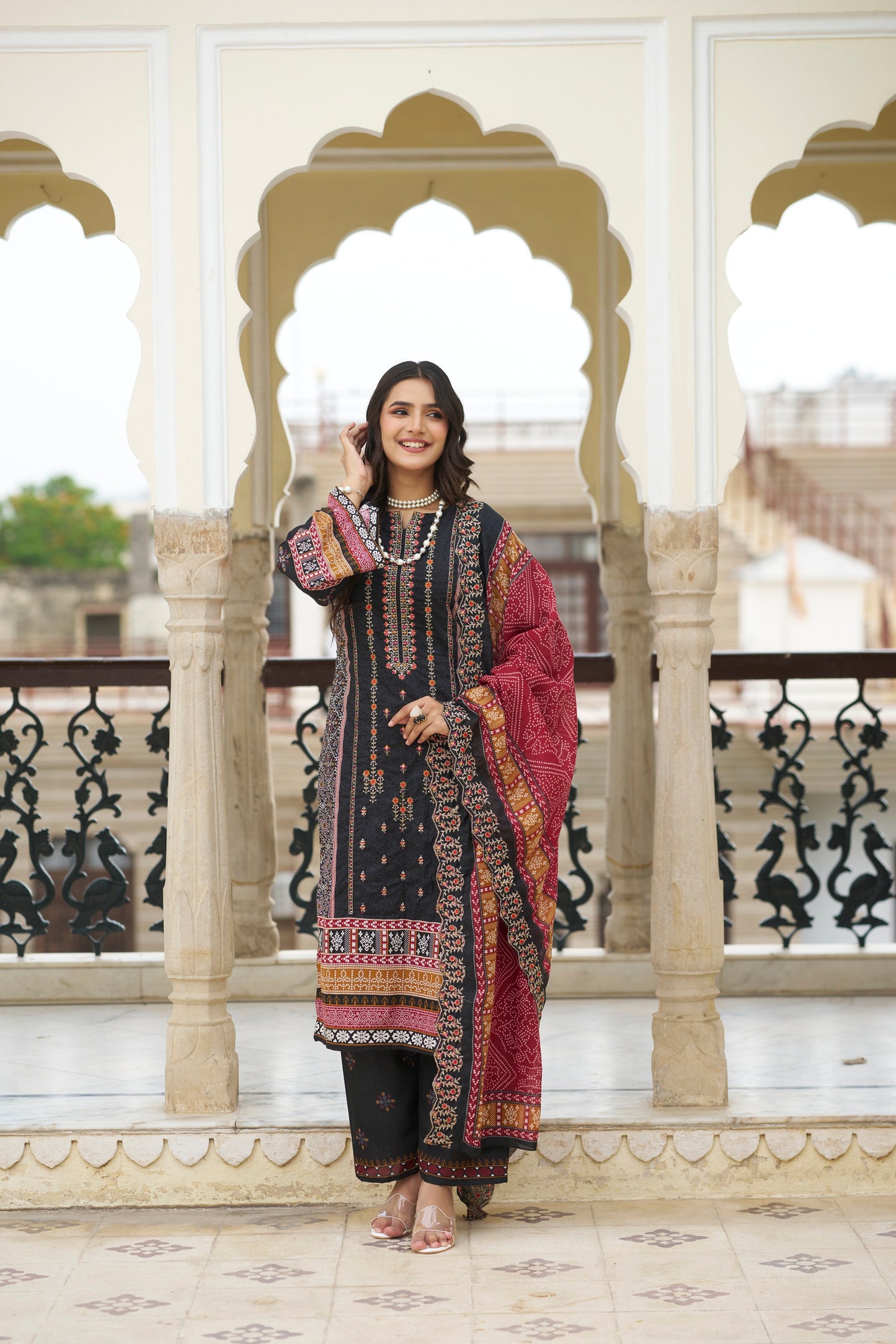 Black Embroidered Cotton Suit Set with Embroidered Cotton Dupatta