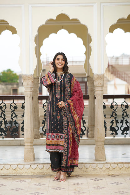 Black Embroidered Cotton Suit Set with Embroidered Cotton Dupatta