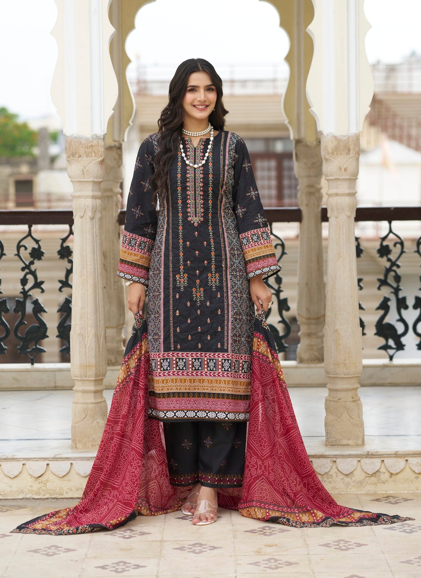 Black Embroidered Cotton Suit Set with Embroidered Cotton Dupatta