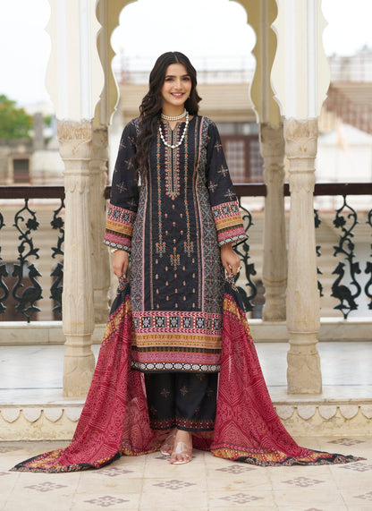 Black Embroidered Cotton Suit Set with Embroidered Cotton Dupatta