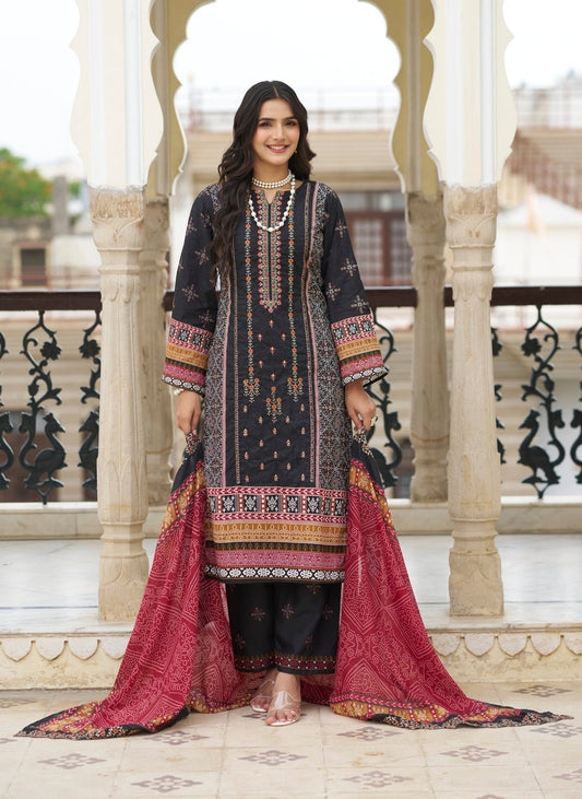 Black Embroidered Cotton Suit Set with Embroidered Cotton Dupatta