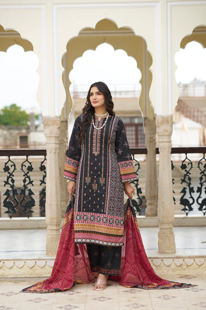 Black Embroidered Cotton Suit Set with Embroidered Cotton Dupatta