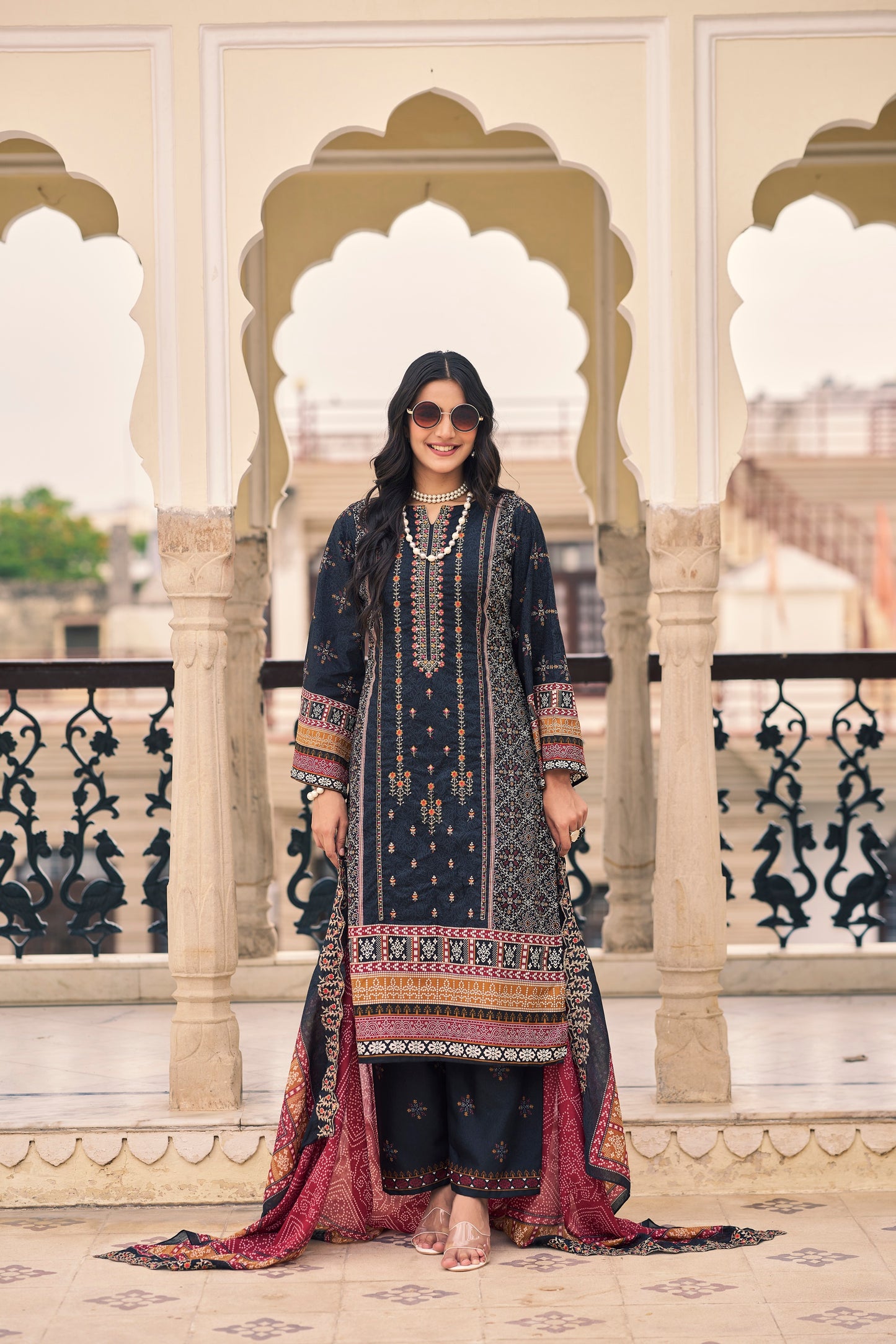 Black Embroidered Cotton Suit Set with Embroidered Cotton Dupatta