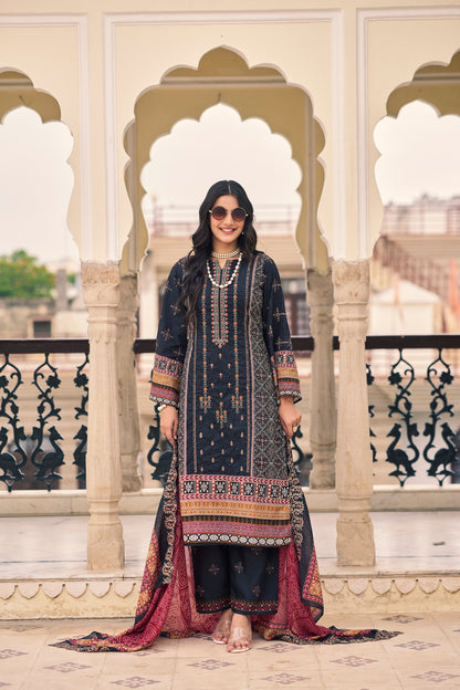 Black Embroidered Cotton Suit Set with Embroidered Cotton Dupatta